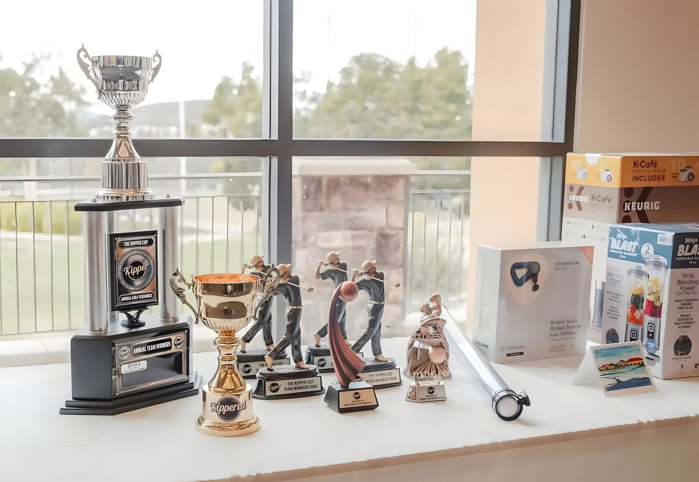 The Kipper Cup perpetual trophy alongside the contest trophies and prize table