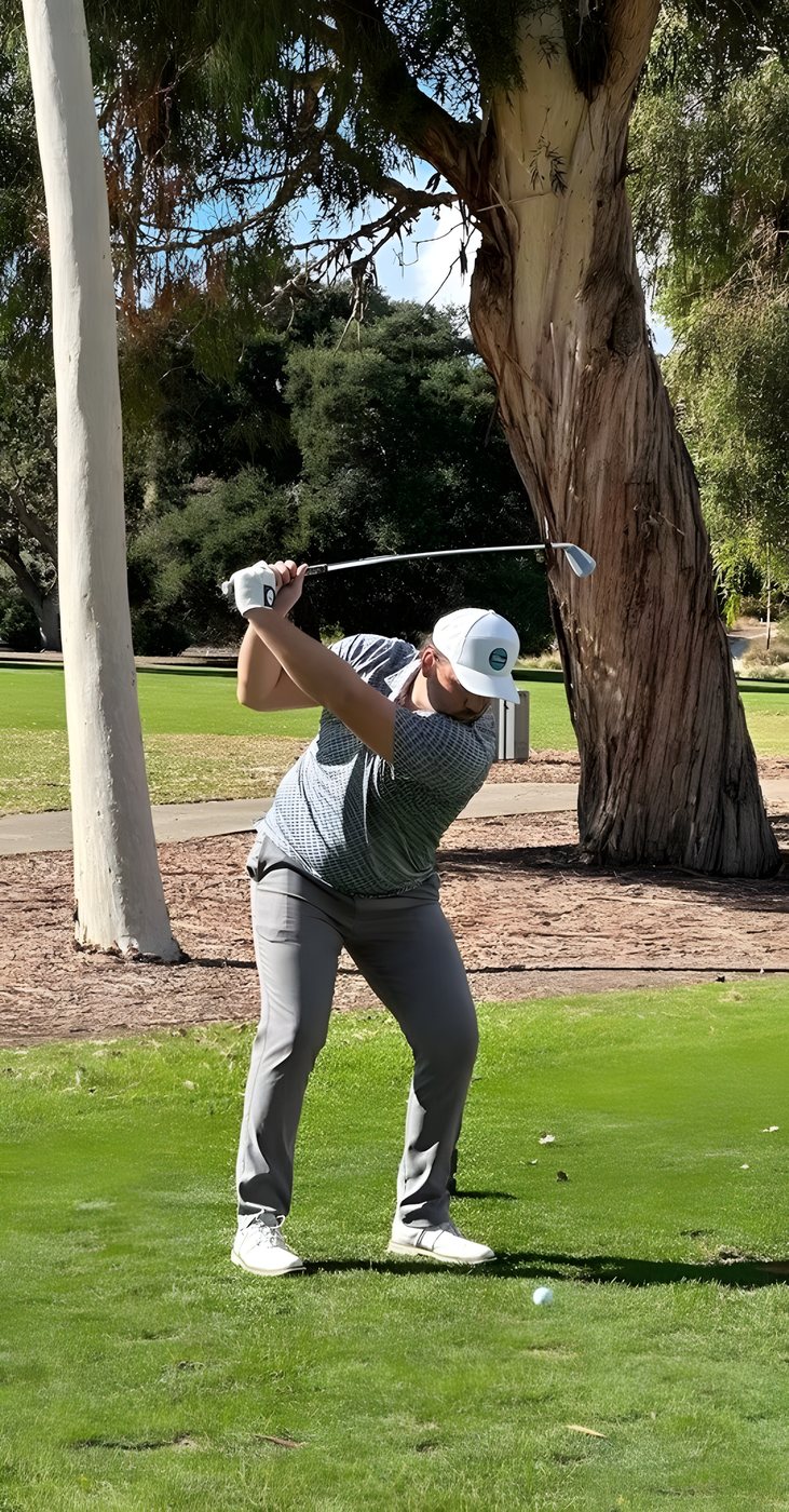 A player mid-swing beneath the trees