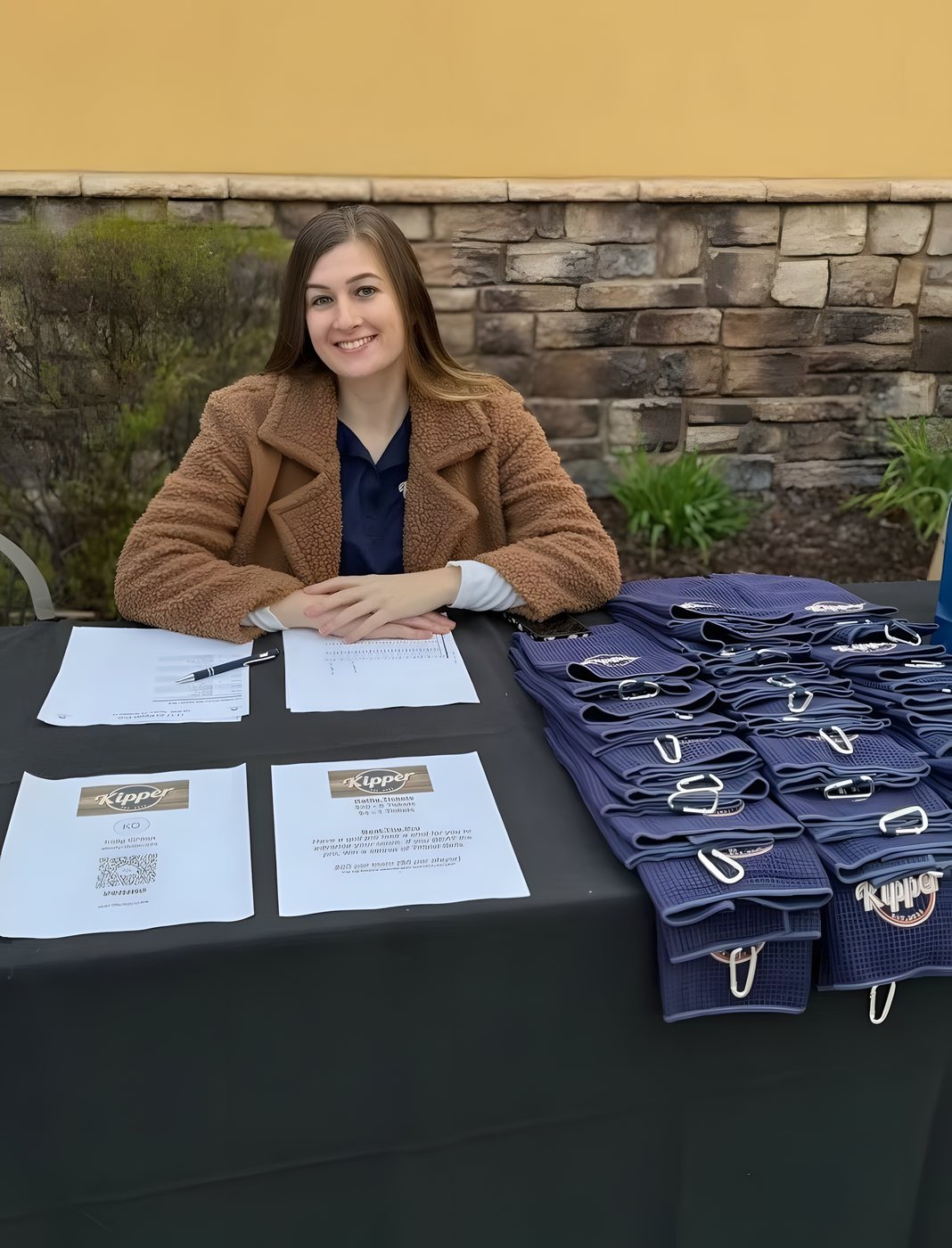 A volunteer at the registration table with the tournament gift bags